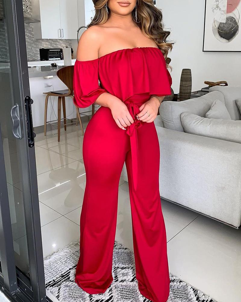 

Plain Off Shoulder Ruffle Hem Wide Leg Jumpsuit, Red