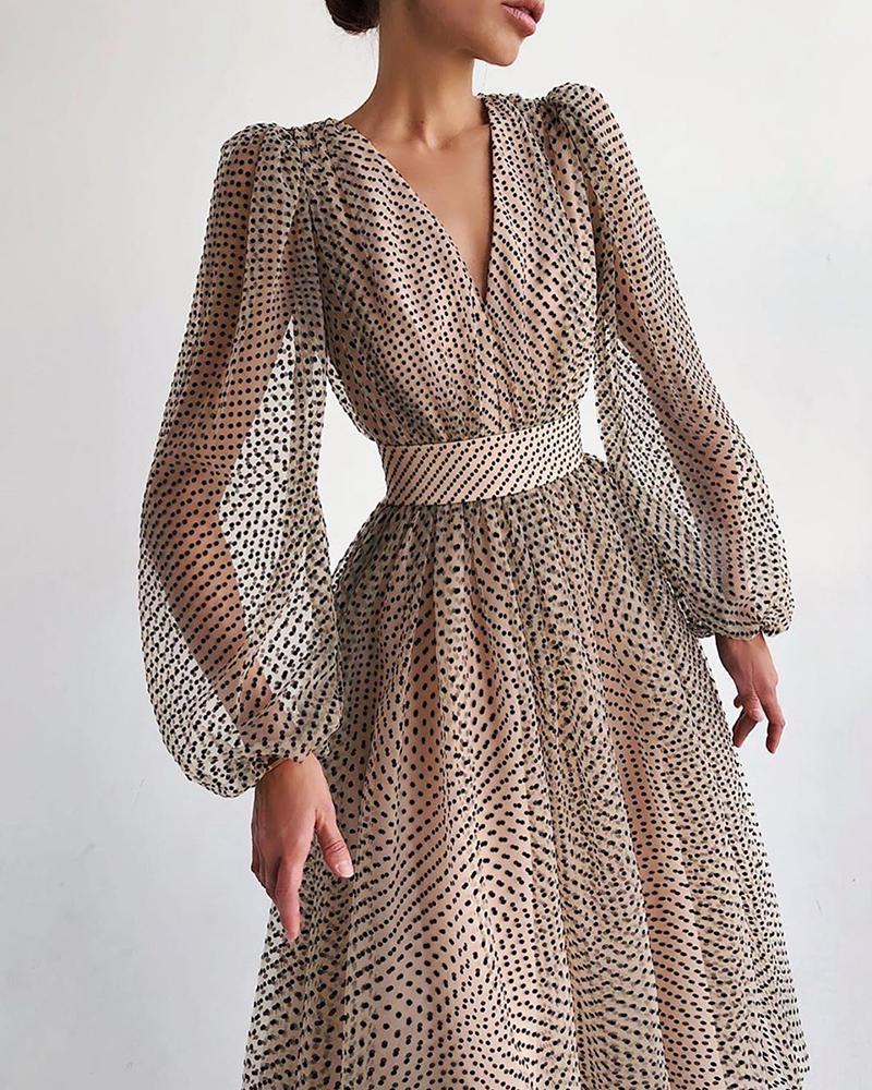 

Dot Sheer Mesh Lantern Sleeve Dress, Beige