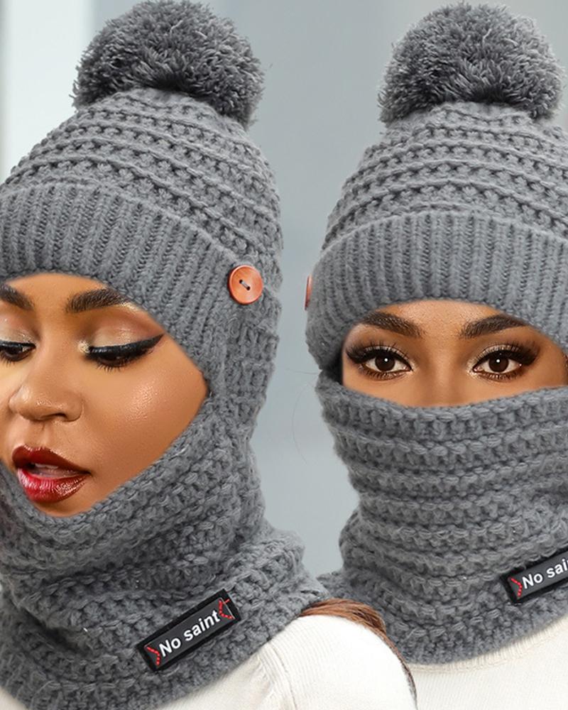 

2 In 1 Pom Pom Plain Knit Beanie, Gray
