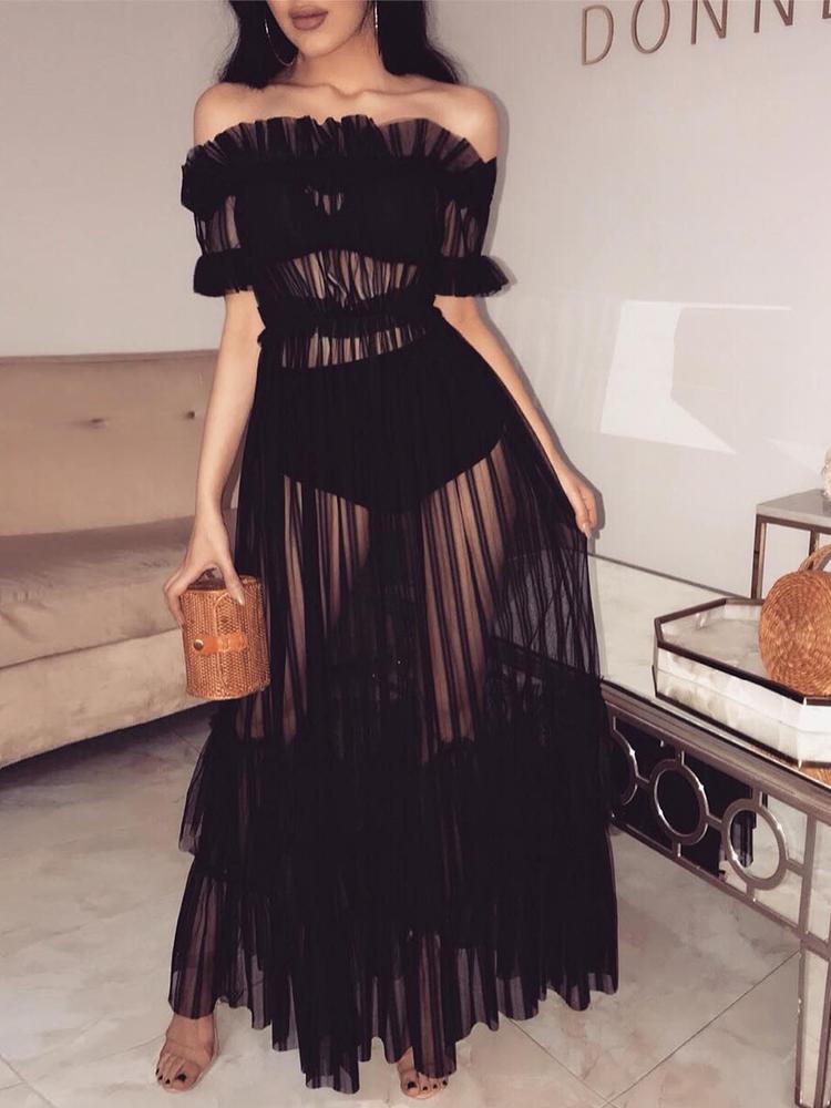 

Off Shoulder Sheer Mesh Maxi Dress, Black