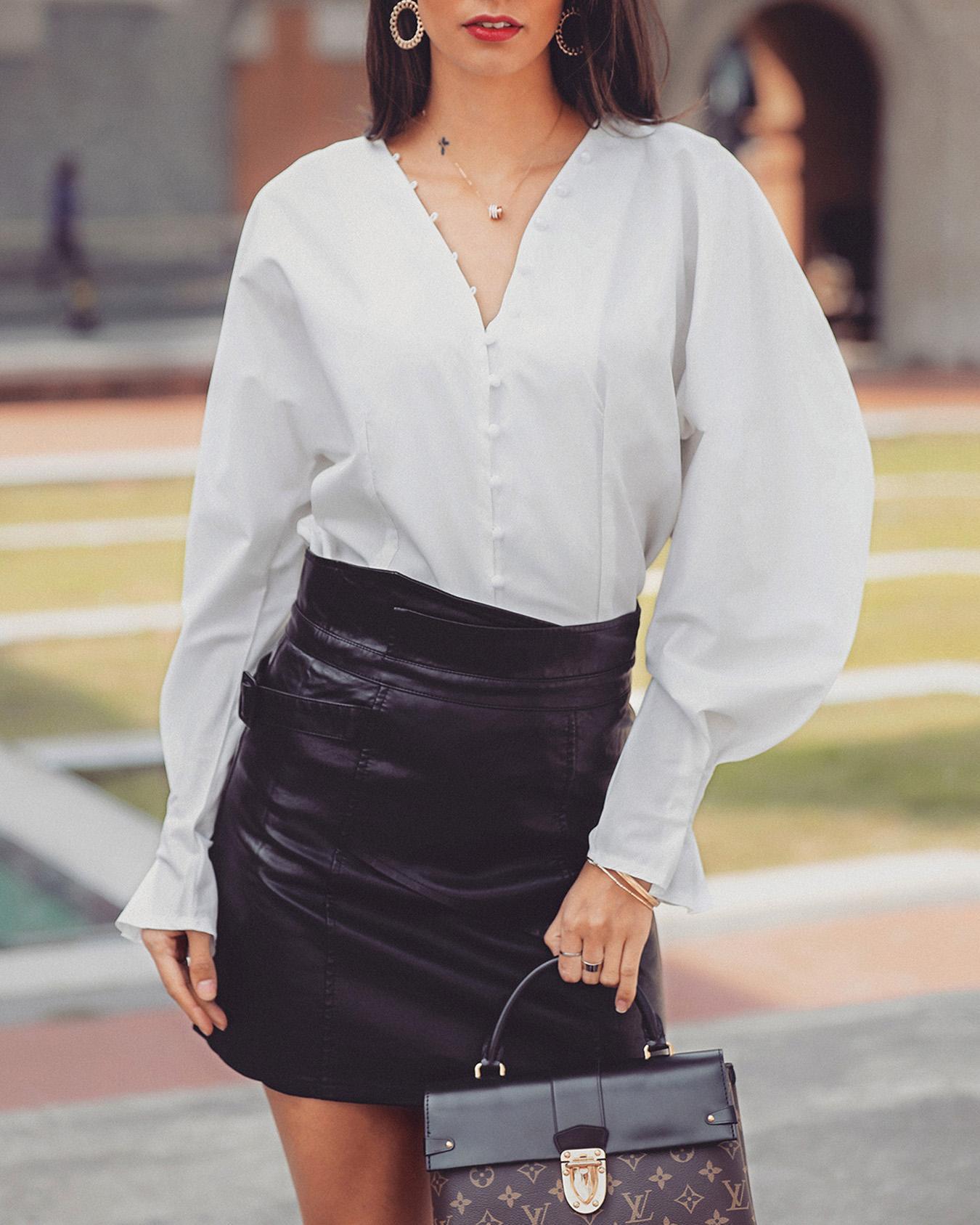 

Button Design Gigot Sleeve Blouse, White