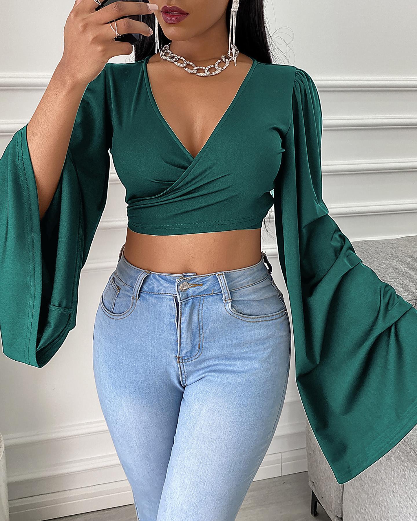 

Plain Puff Sleeve Wrap Crop Top, Green