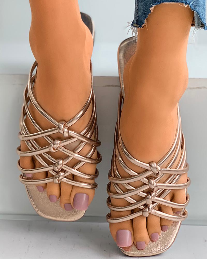 

Multi Strap Crisscross Knotted Flat Slider Sandals, Gold