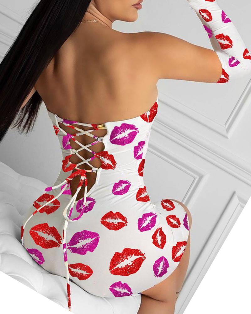 

Sweet Kisses Print Lace-up Bodycon Dress /w Gloves, White
