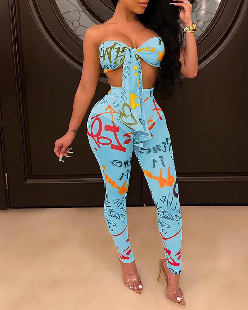 

Graffiti Print Tube Knotted Top & Pants Sets, Blue