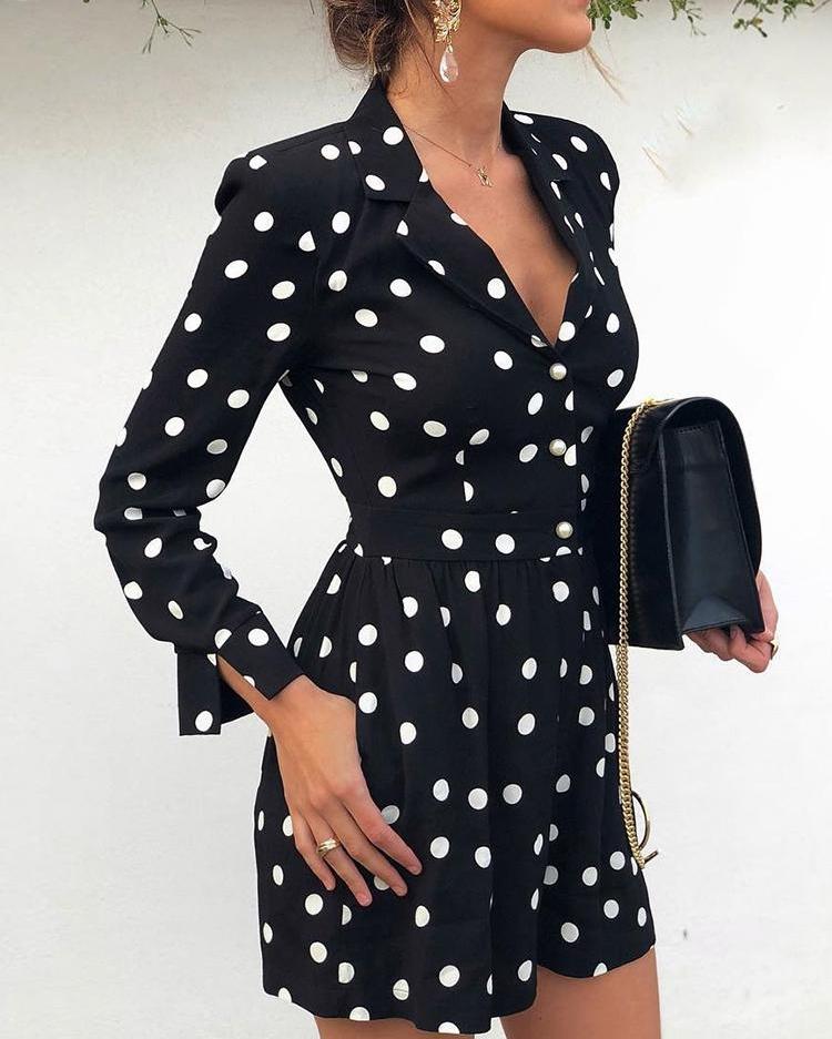 

Polka Dot V Neck Long Sleeve Romper, Black