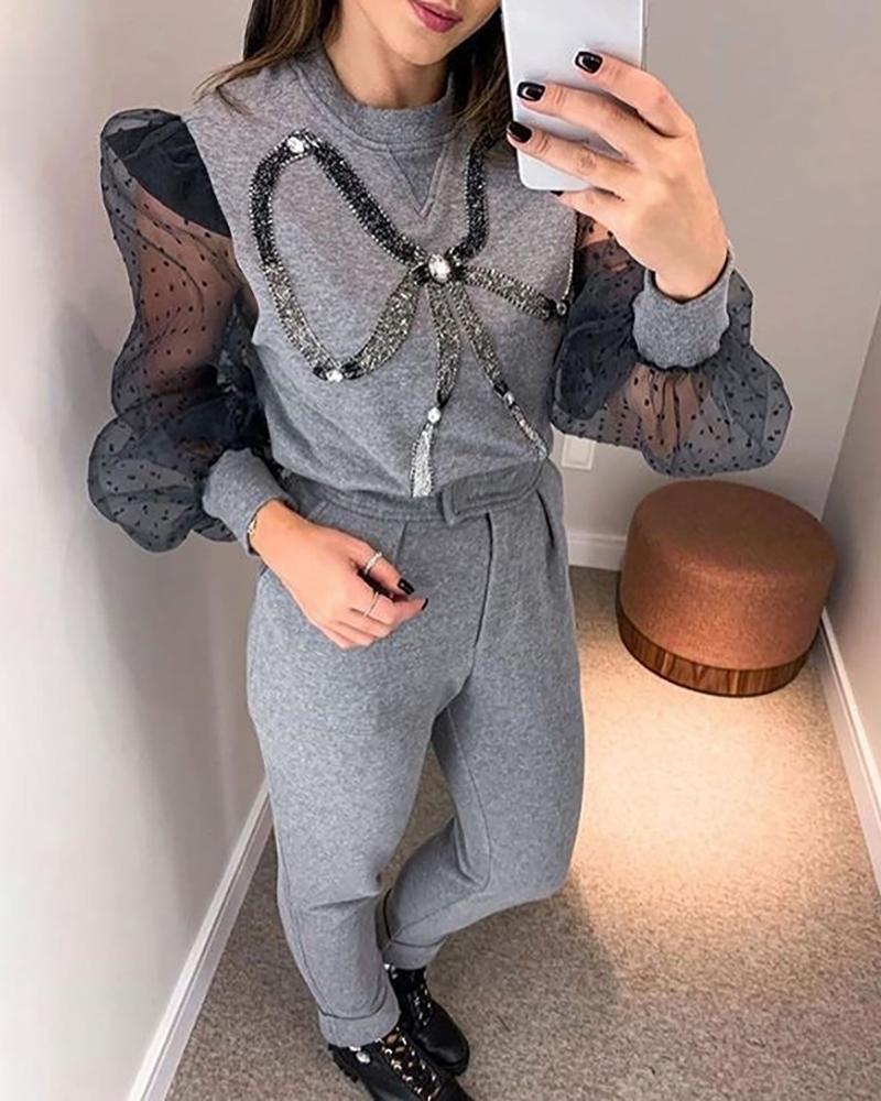 

Bowknot Detail Sheer Mesh Top & Pants Set, Dark grey