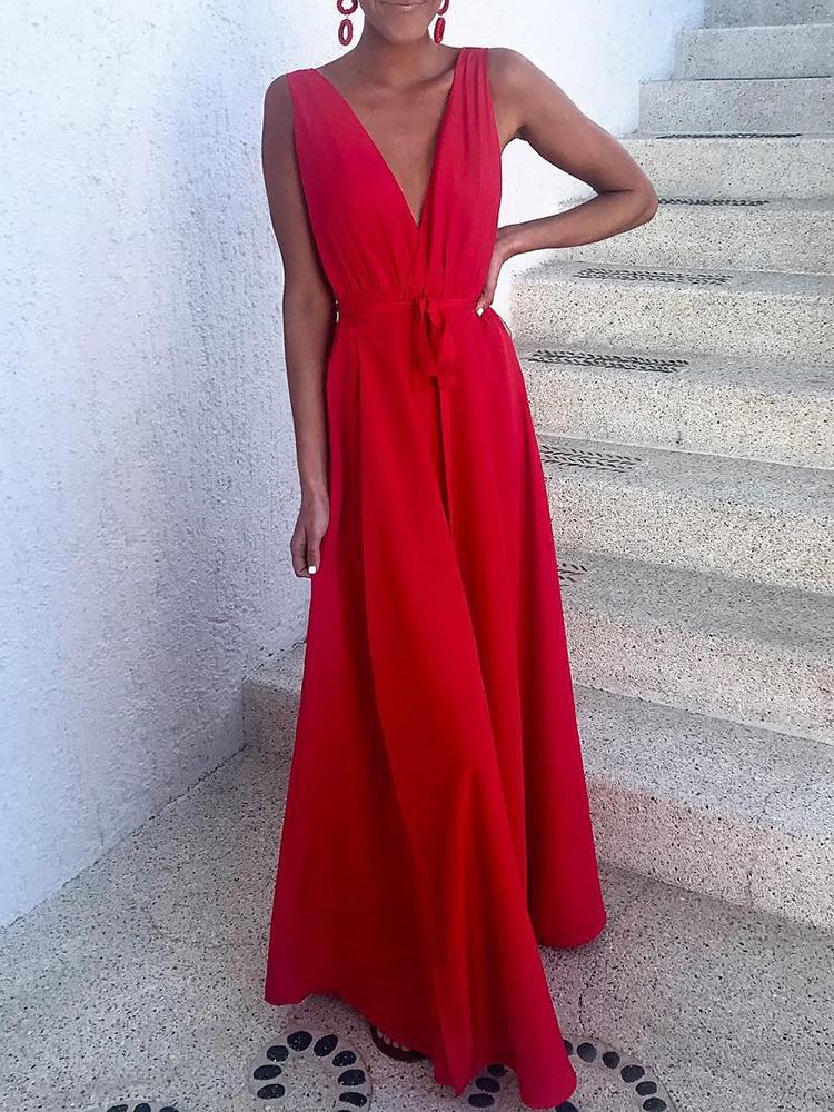 

Solid Plunge Tied Waist Wide Leg Jumpsuit, Red