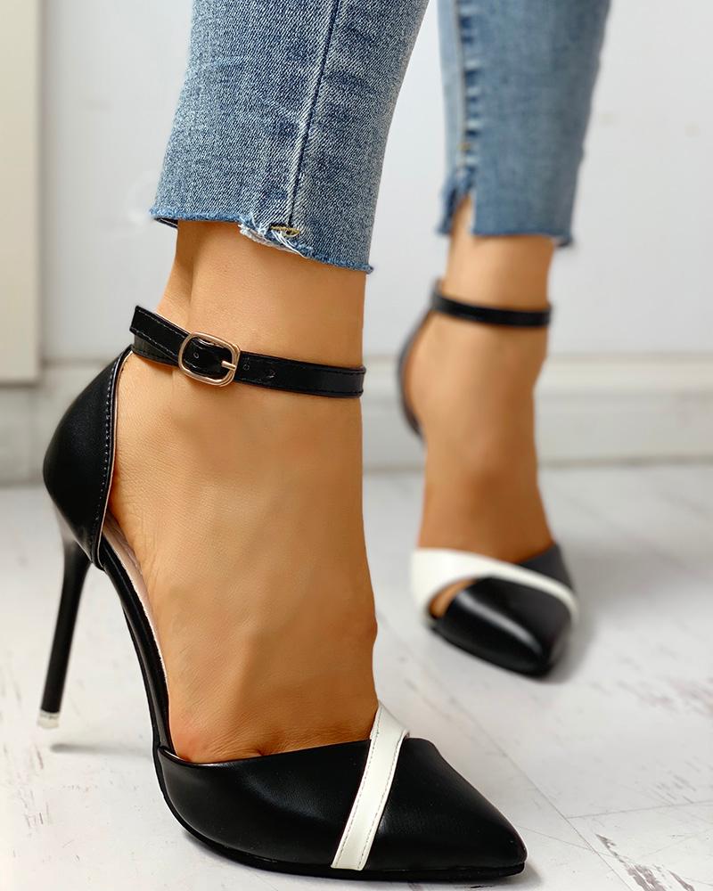 

Colorblock Ankle Strap Thin Heels, Black