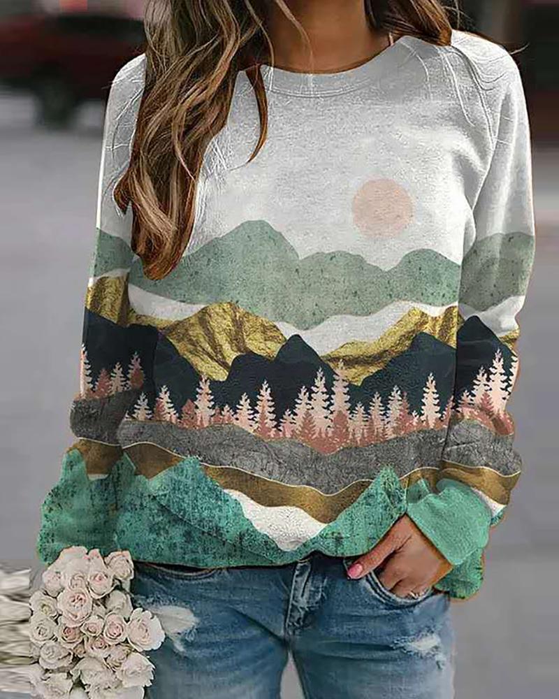 

Long Sleeve Landscape Print Sweatshirt, Style2