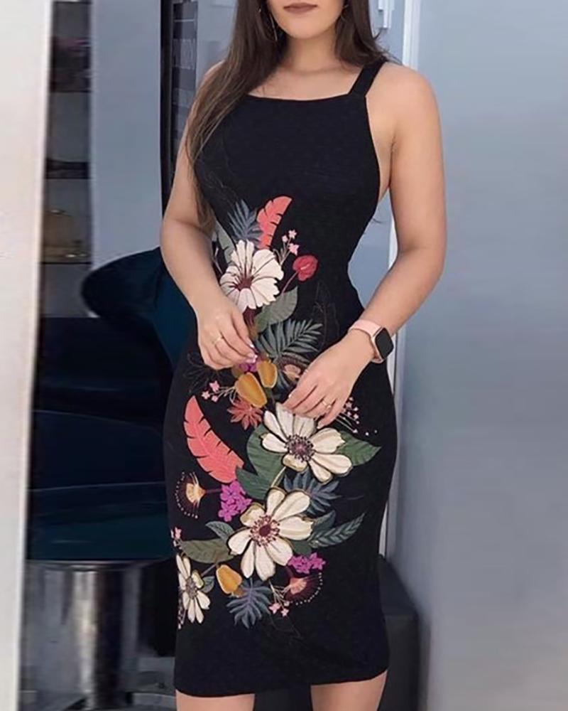 

Floral Print Bandage Backless Bodycon Dress, Black