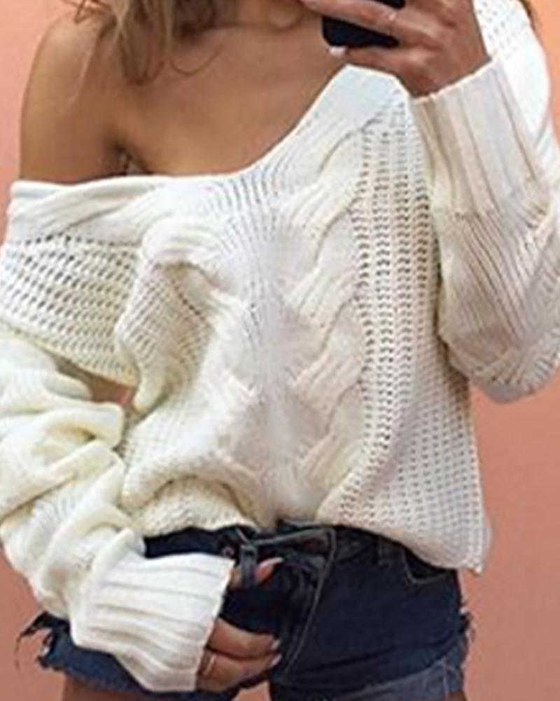 

Plain Cable Knit Long Sleeve Sweater, White