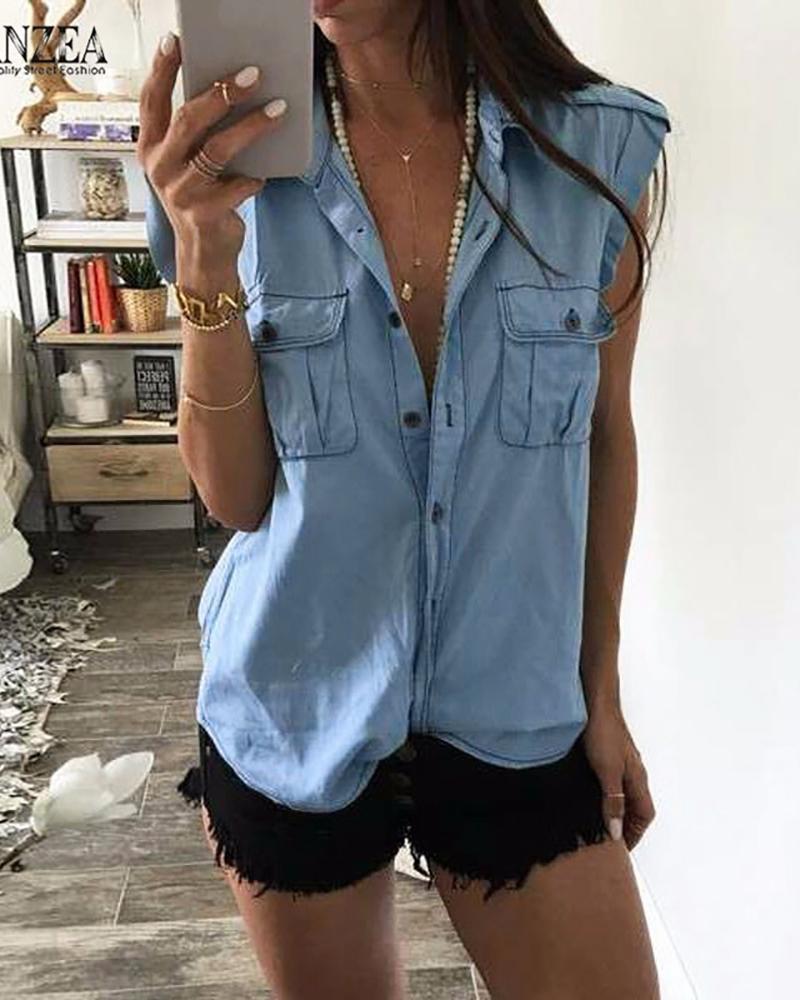 

Denim Dual Pocket Buttoned Casual Shirt, Light blue