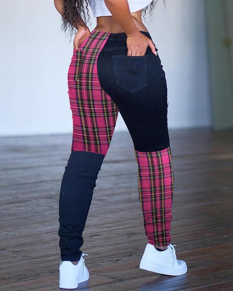 

Plaid Print Colorblock Casual Pants, Hot pink