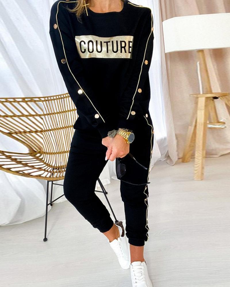 

Letter Print Long Sleeve Top & Pants Sets, Black