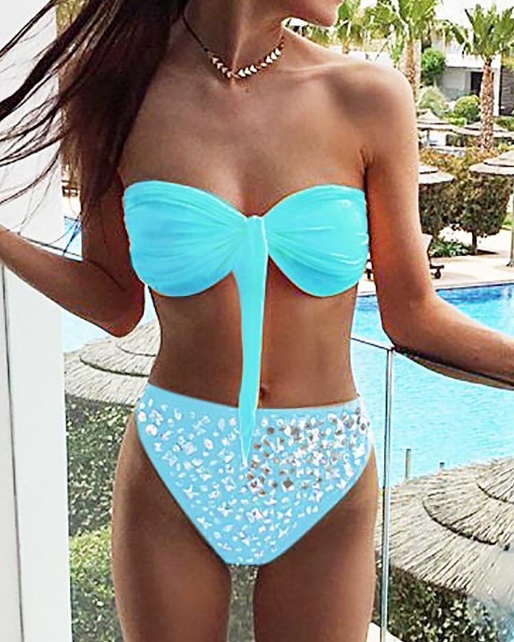 

Shiny Decorated Knotted Front bandeau Bikini, Blue