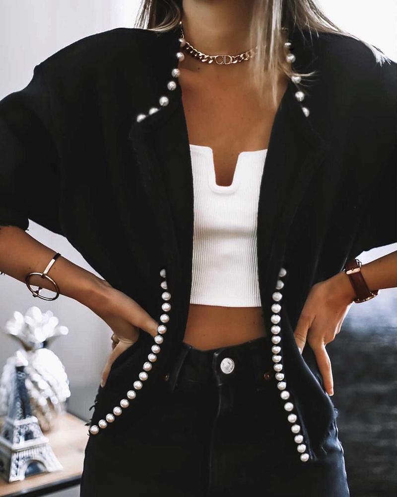 

Beaded Decor Long Sleeve Coat, Black