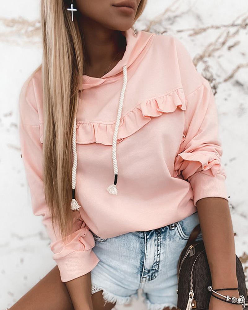 

Solid Color Ruffle Long Sleeve Sweatshirt, Pink