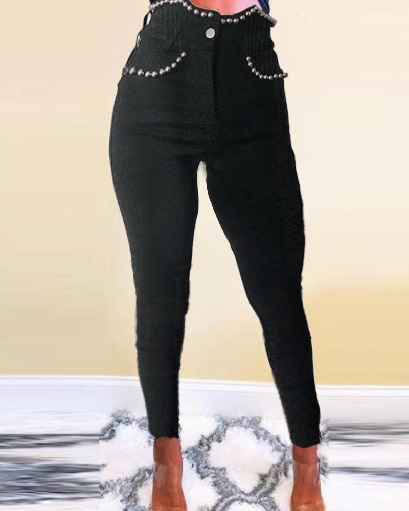 

Beaded Pocket Design Cropped Pants, Black