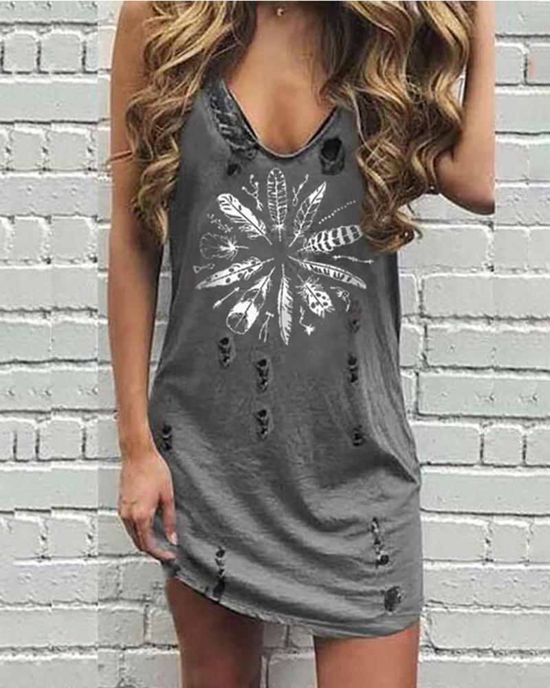 

V Neck Hollow Out Print Dress, Gray