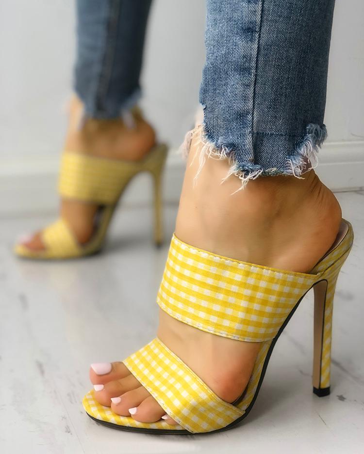 

Plaid Double Buckle Thin Heeled Sandals, Yellow
