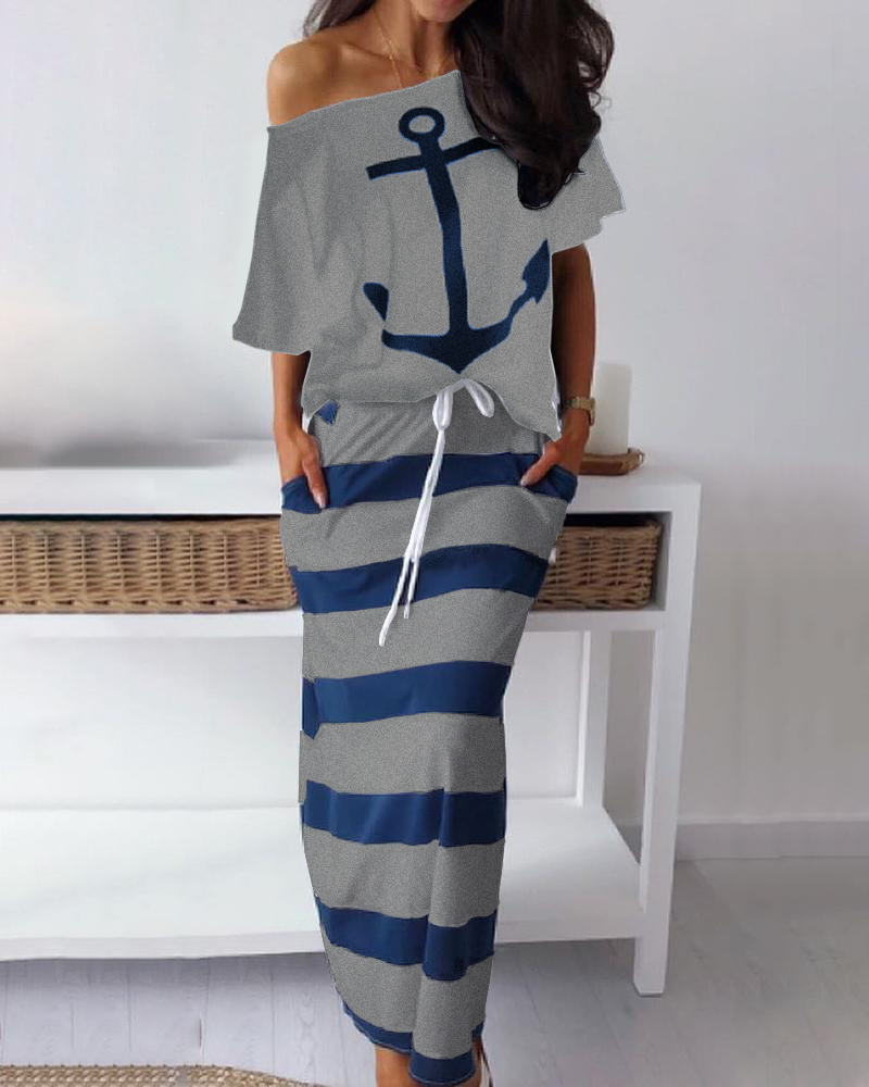

Boat Anchor Print T-Shirt & Striped Skirt Sets