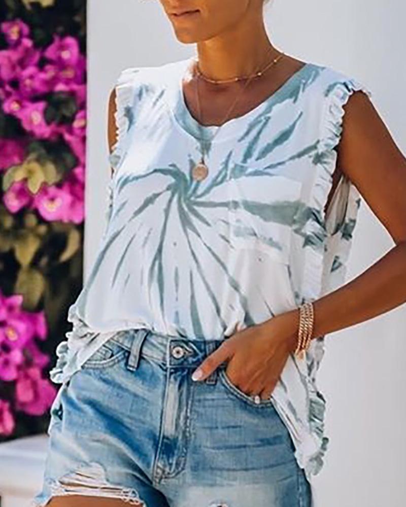 

Tie Dye Print Frill Hem Casual Tank Top, White