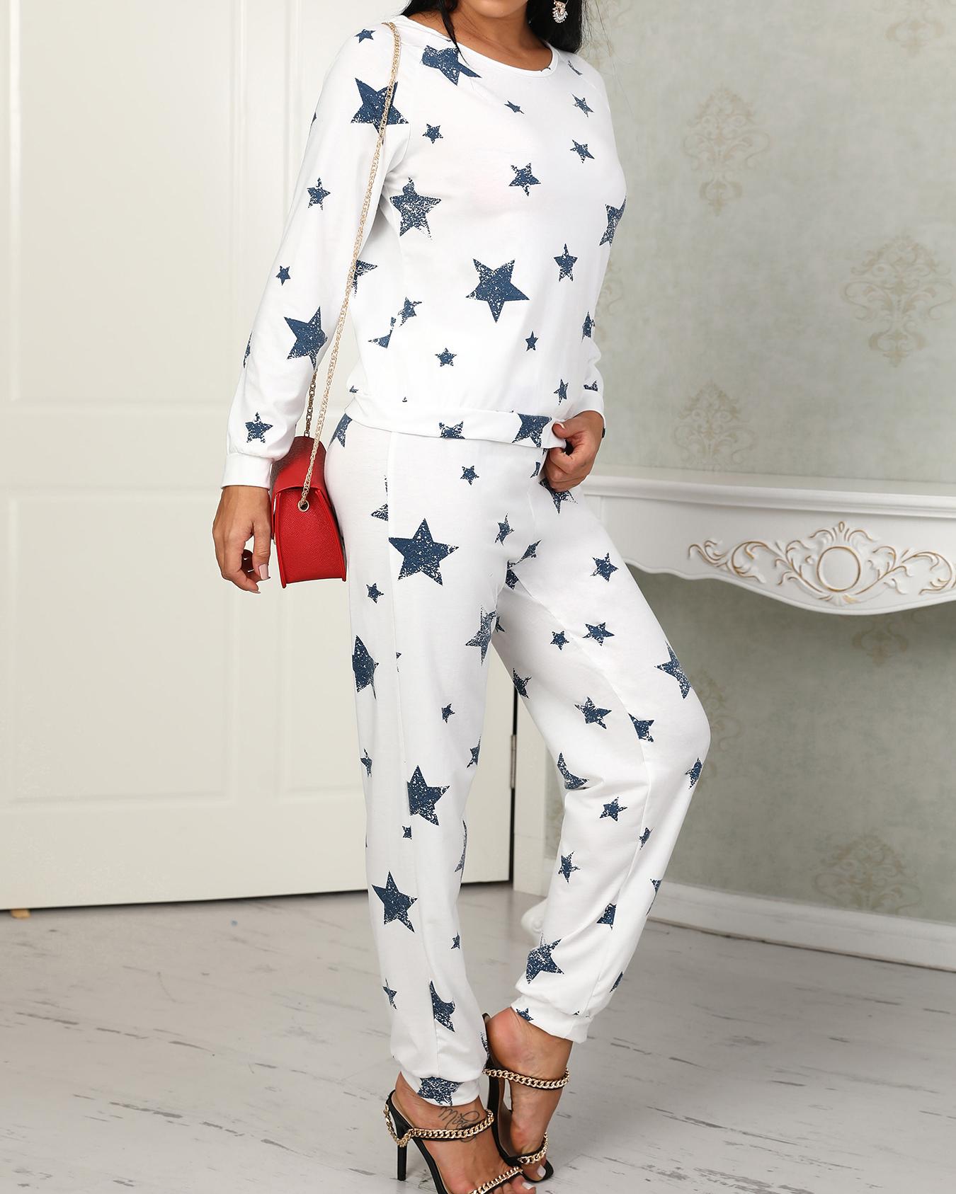 

Star Print Casual Pantsuit, White
