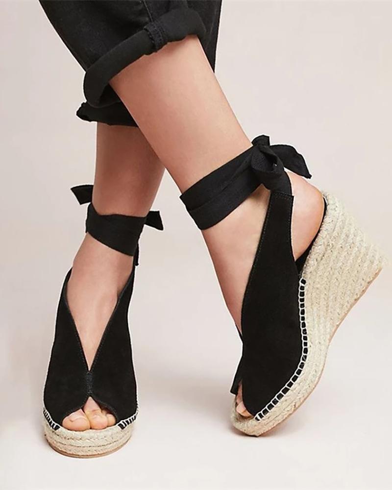 

Suede Knotted Ankle Platform Wedge Sandals, Black
