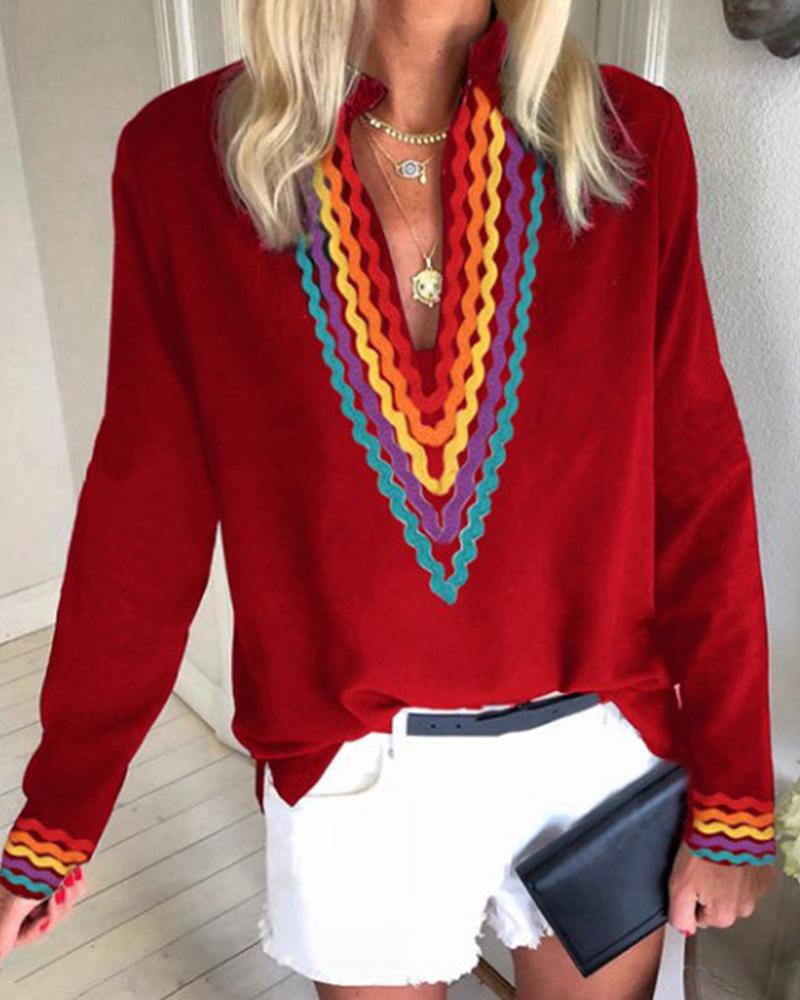 

Ethnic Colorblock Long Sleeve Casual Blouse, Wine red