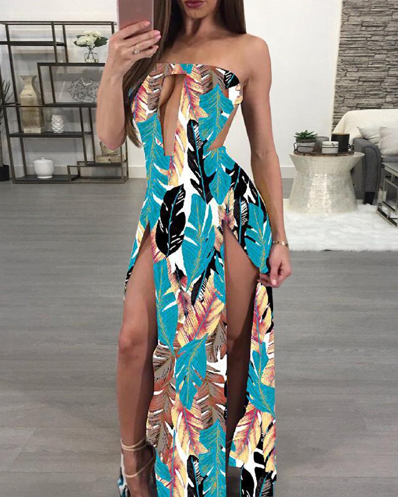

Leaf Print Cutout High Slit Strapless Maxi Dress, Light blue