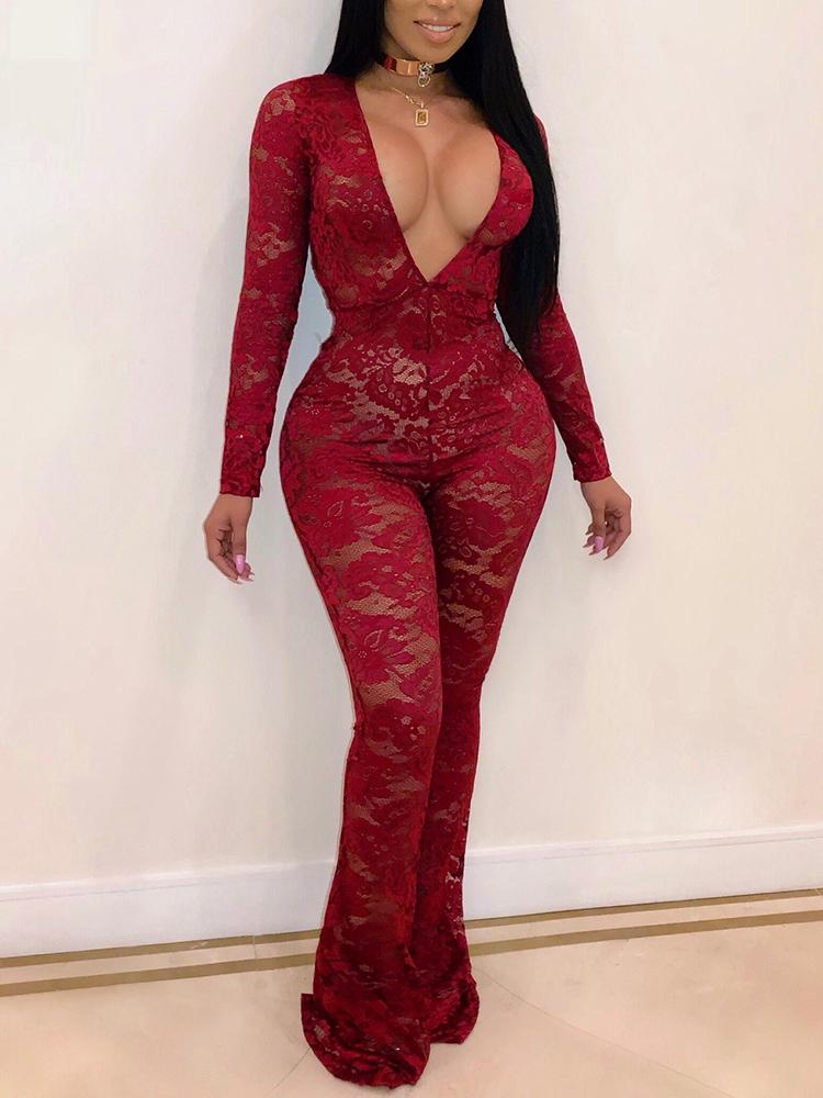 

Floral Lace Sheer Deep V-Neck Jumpsuits, Red