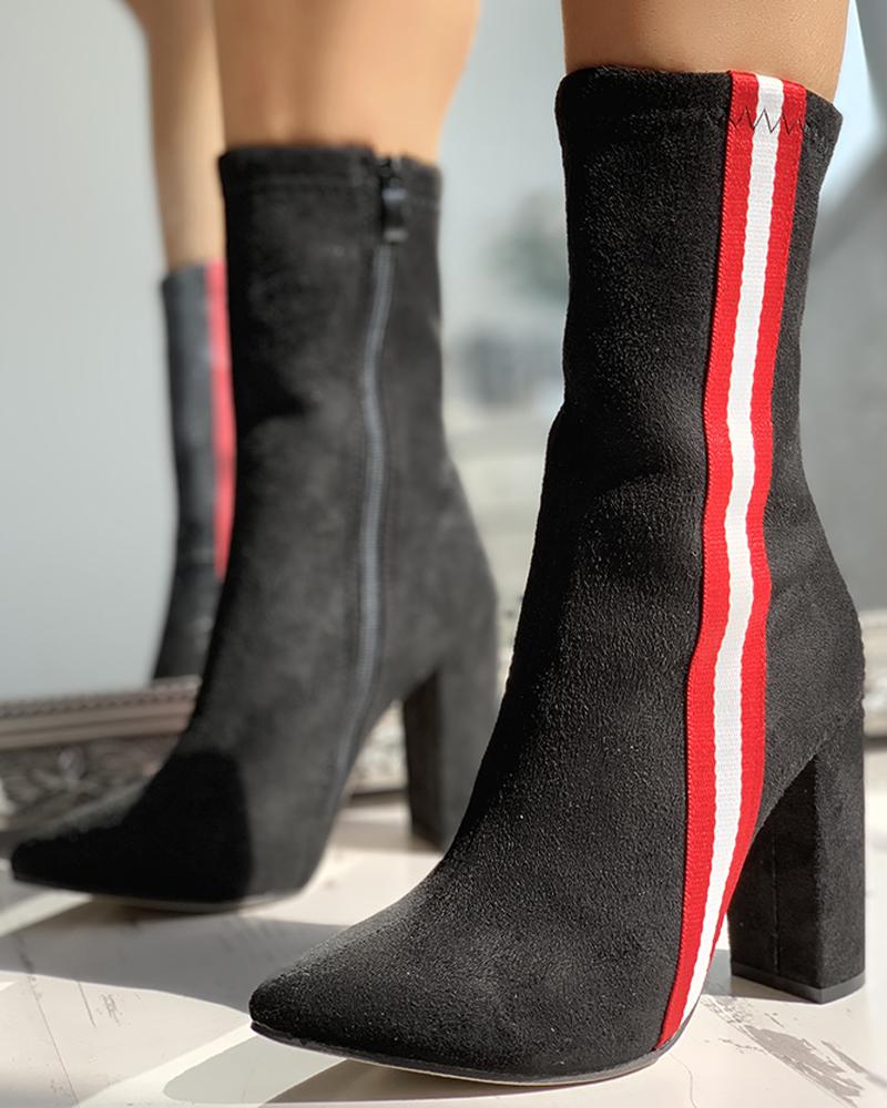 

Colorblock Striped Tape Chunky Heeled Boots, Black