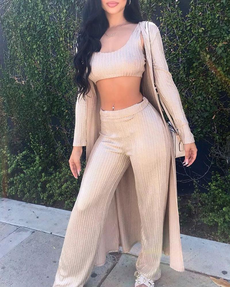 

Solid Ribbed Crop Top & Coat & Pants Set, Apricot