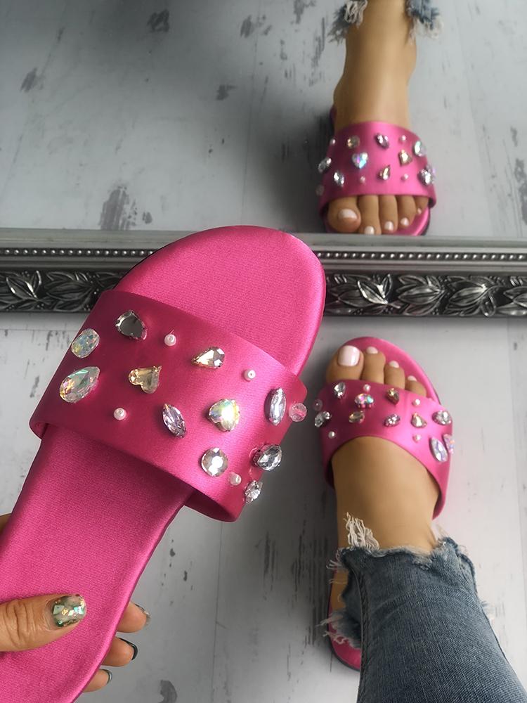 

Solid Shiny Embellished Peep Toe Flat Sandals, Hot pink