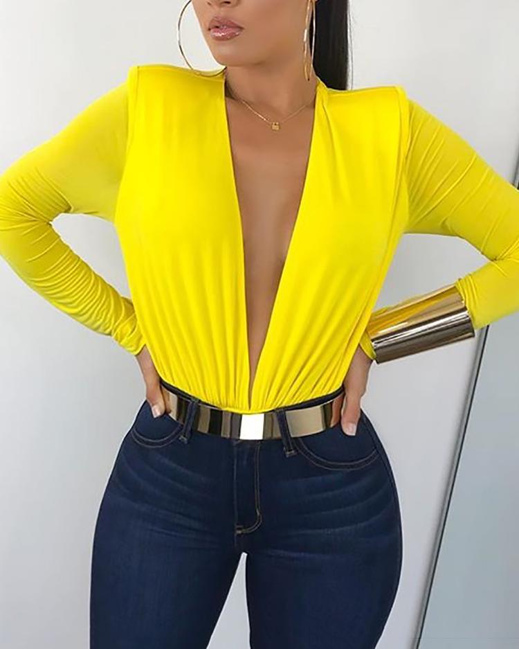 

Deep V Long Sleeve Solid Color Bodysuit, Pink