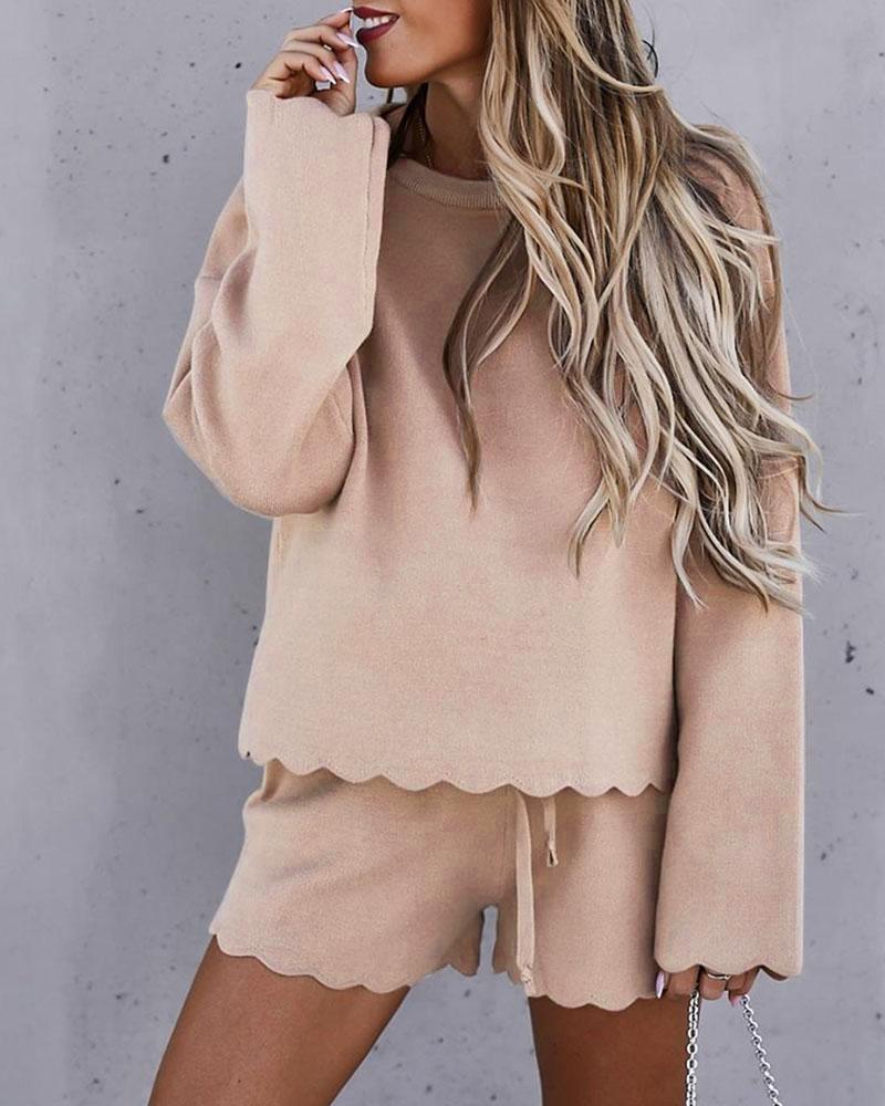 

Scallop Trim Plain Knit Top & Drawstring Shorts Set, Beige