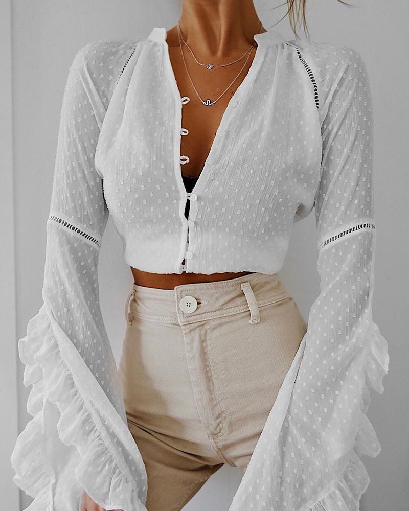 

Polka Dot Flare Sleeve Crop Top, White