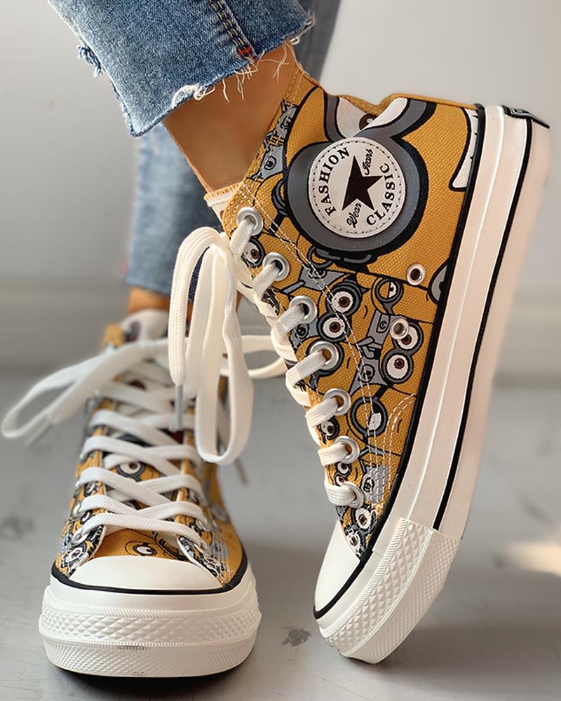 

Cartoon Print Lace-Up Casual Sneakers, Yellow