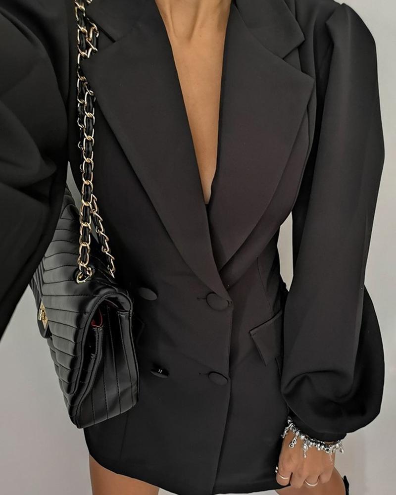

Solid Notched Collar Lantern Sleeve Double-breasted Blazer Dress