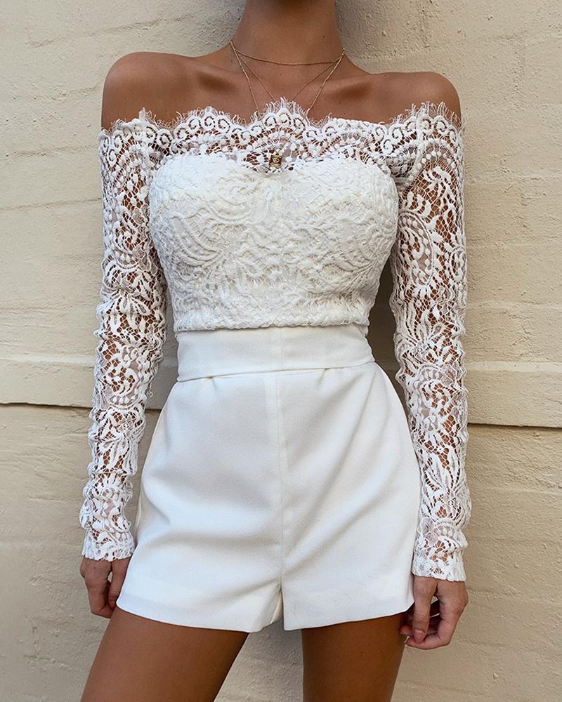 

Off Shoulder Crochet Eyelash Lace Romper, White