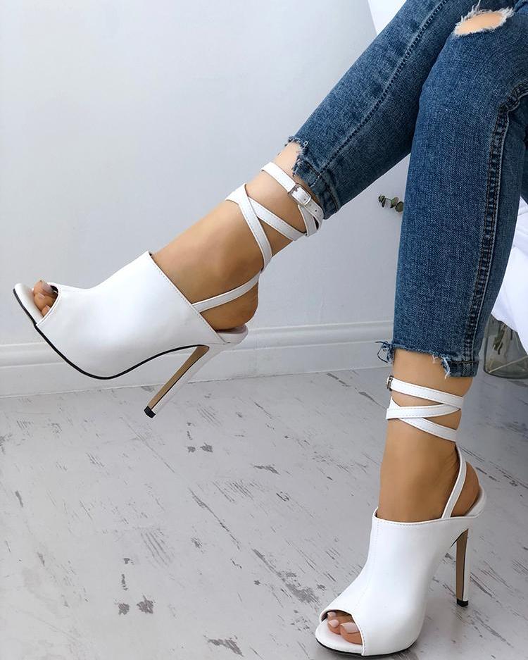 

Strappy Fish Mouth Heeled Sandals, White