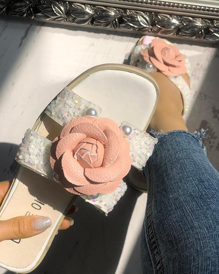 

Shiny Cutout Flower Embellished Slippers, Pink
