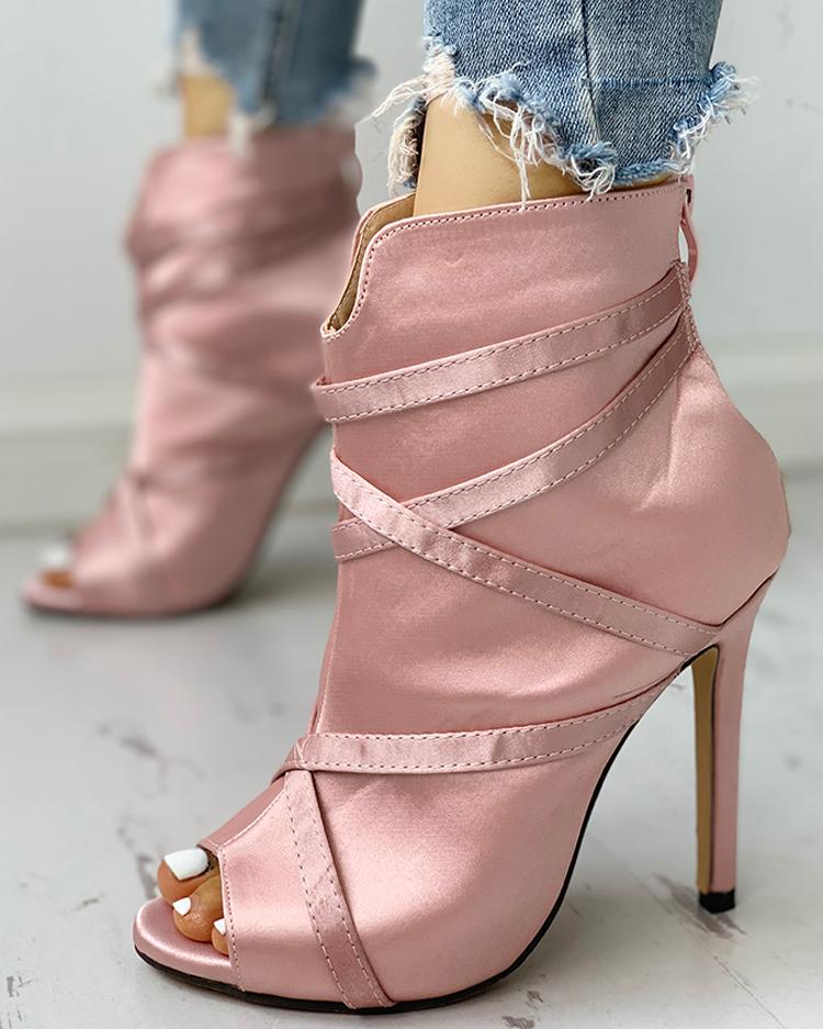 

Peep Toe Bandage Crisscross Thin Heeled Boots, Pink