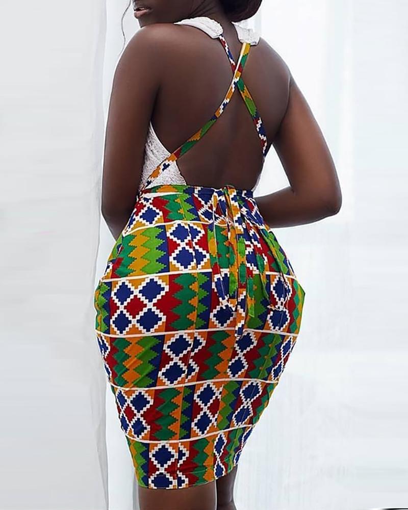 

Crisscross Open Back Ethnic Print Bodycon Dress, Multicolor