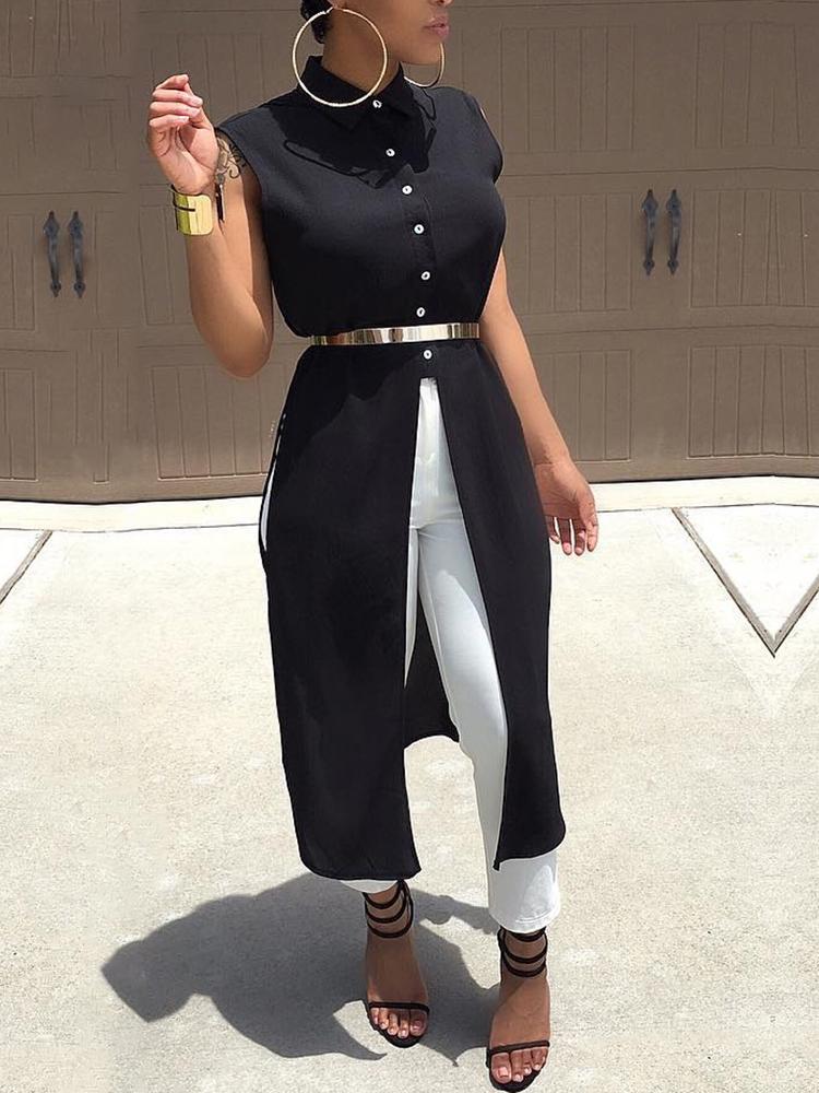 

Stylish Sleeveless Button Slit Casual Blouse, Black