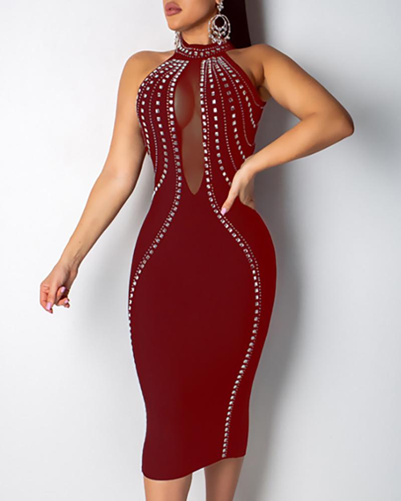 

Studded Backless Mesh Insert Sleeveless Midi Dress, Red