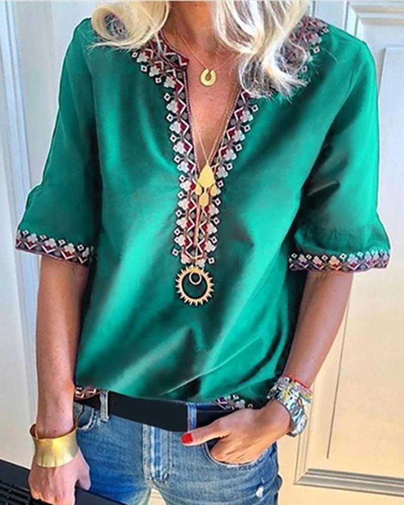 

Bohemian Print V-neck Half Sleeve Blouse, Green