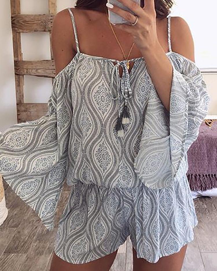 

Ethnic Print Cold Shoulder Flared Sleeve Rompers, Light gray