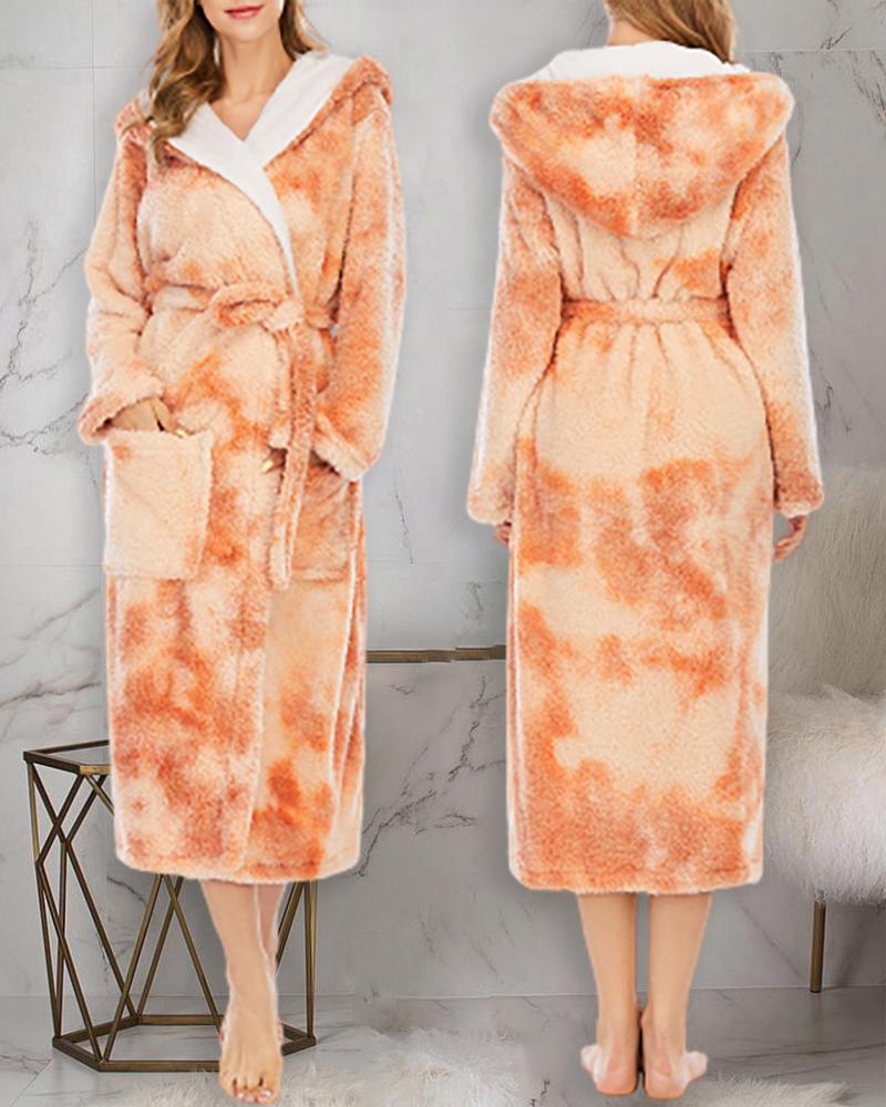 

Tie Dye Print Dual Pocket Belted Plush Hooded Robe, Orange